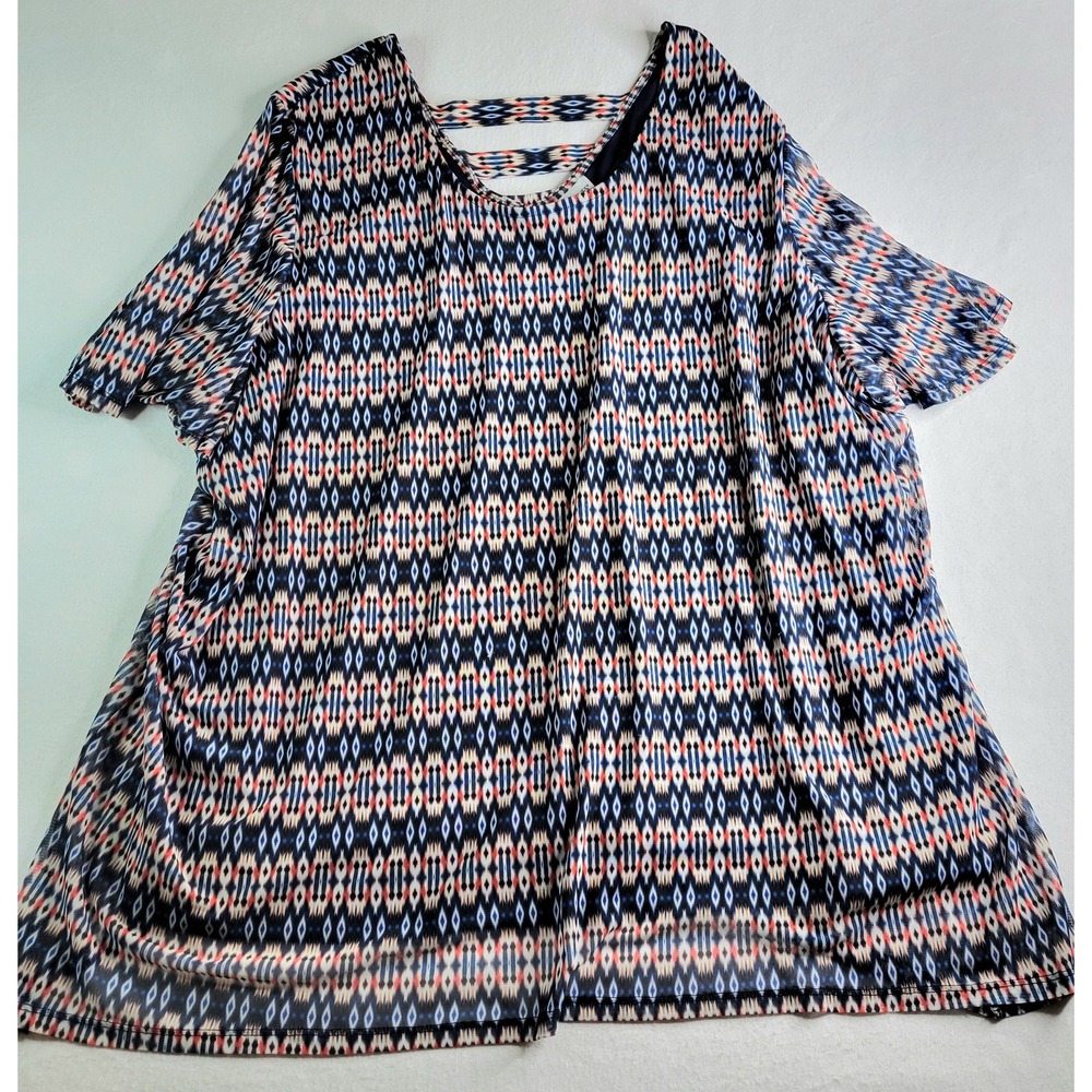 Catherines 3X Women Blue Geometric Ikat Mesh Strappy Back Lined Blouse Top